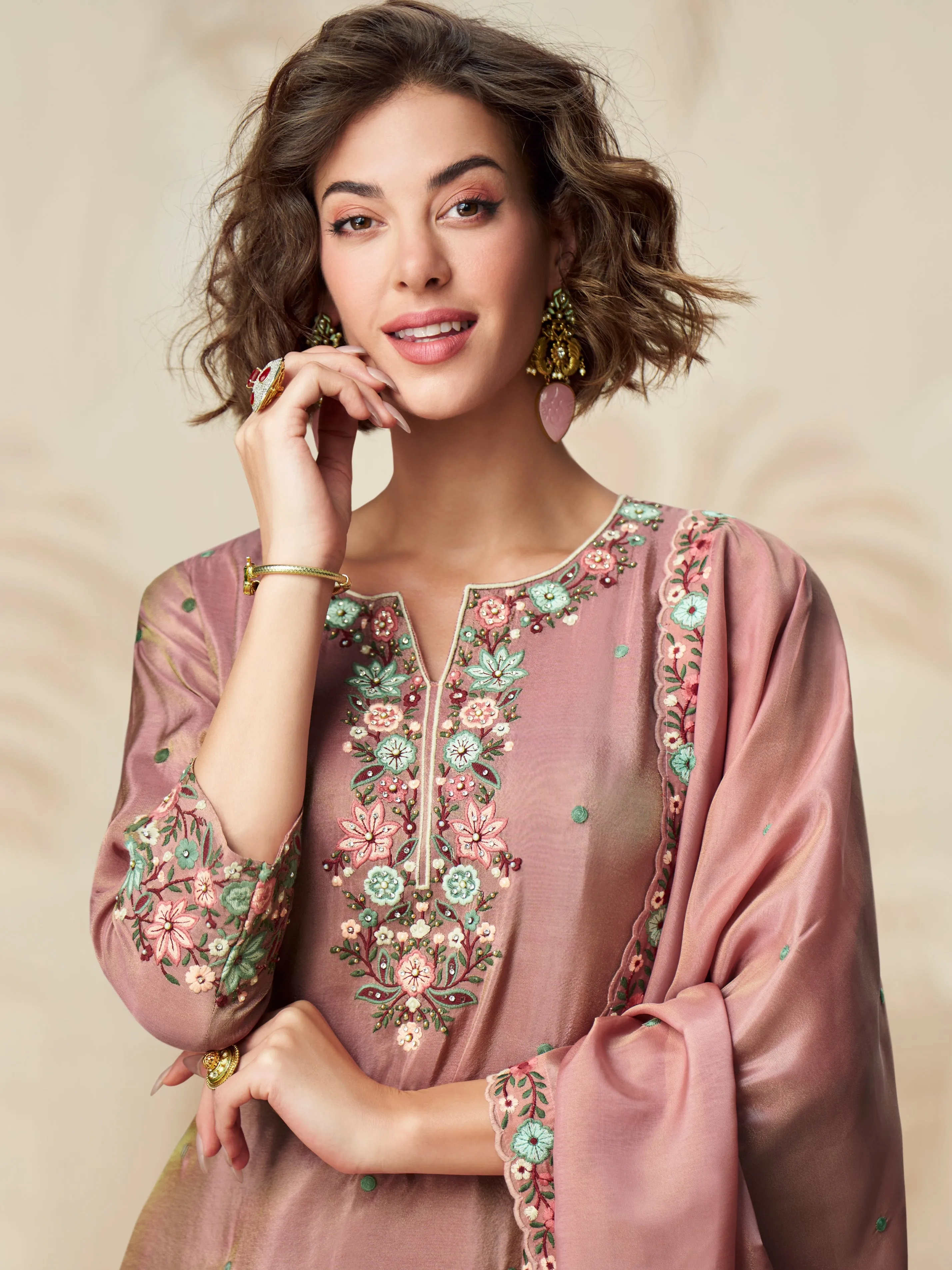Mauve Embroidered Palazzo Suit for Women