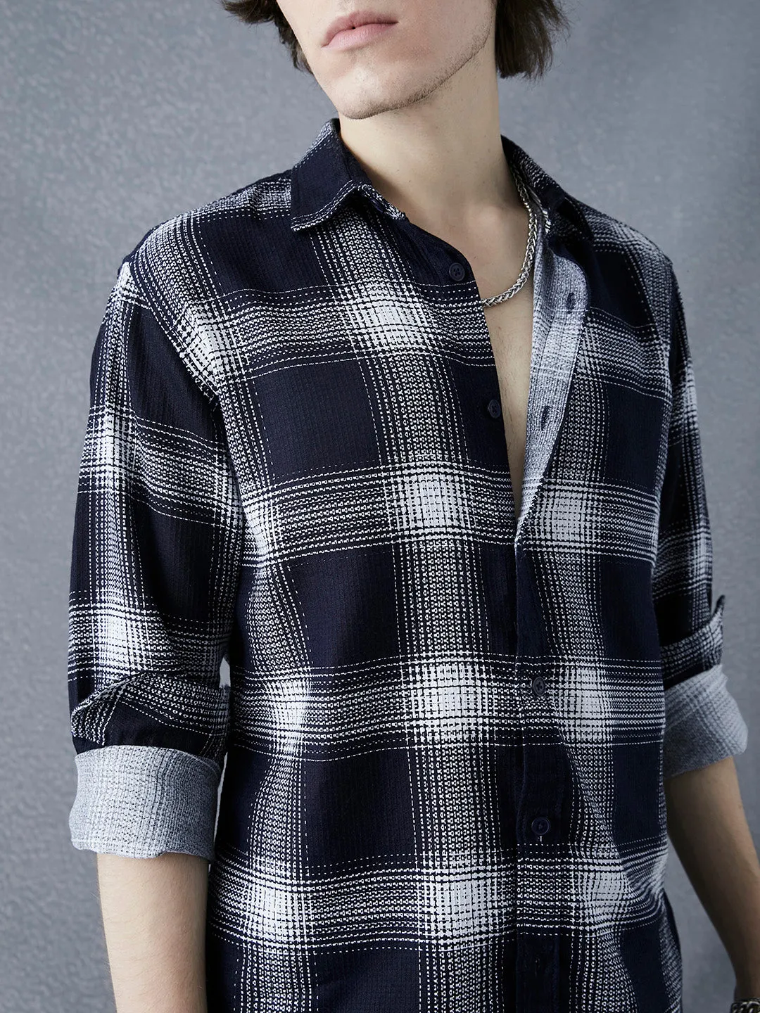 Men Premium Relaxed Fit Waffle Structured Cotton Black White Check Printed Casual Shirt