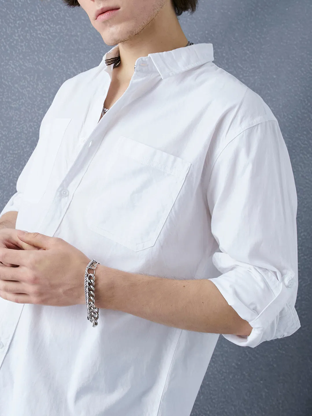 Men Relaxed Fit Pace Fine Textured Premium Cotton Solid White Shirt
