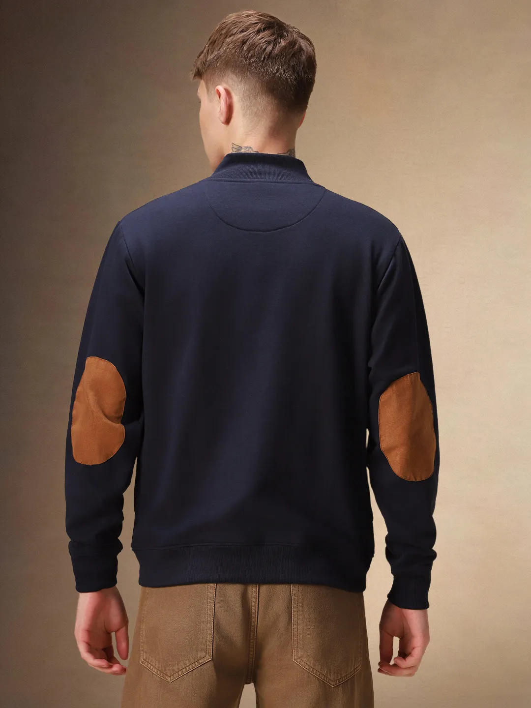 Men's Solid Navy Rib Collar Full Sleeves Front-Open Sweatshirt
