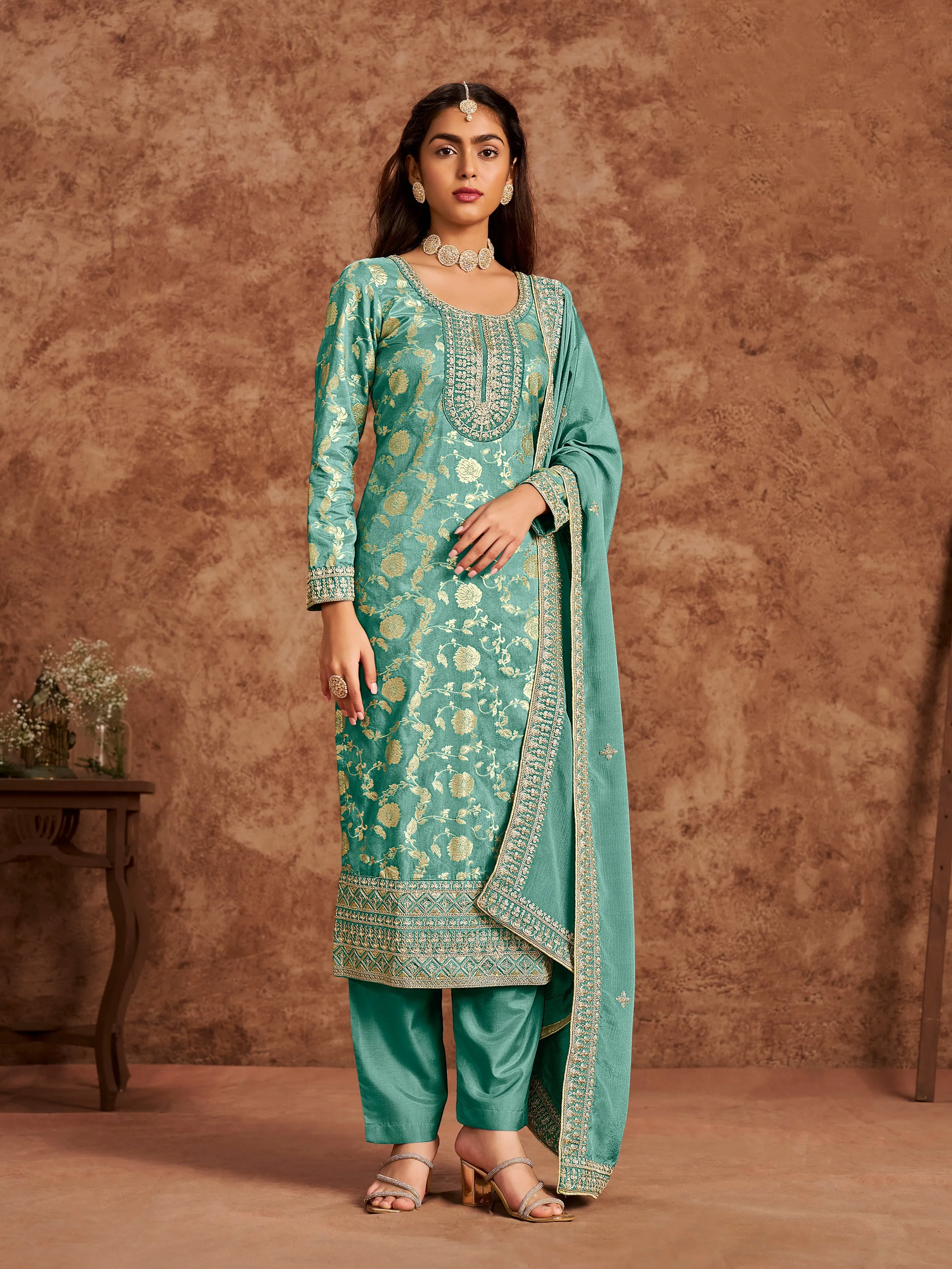 Mint Green Pure Party Wear Heavy Embroidered Work Salwar Suit