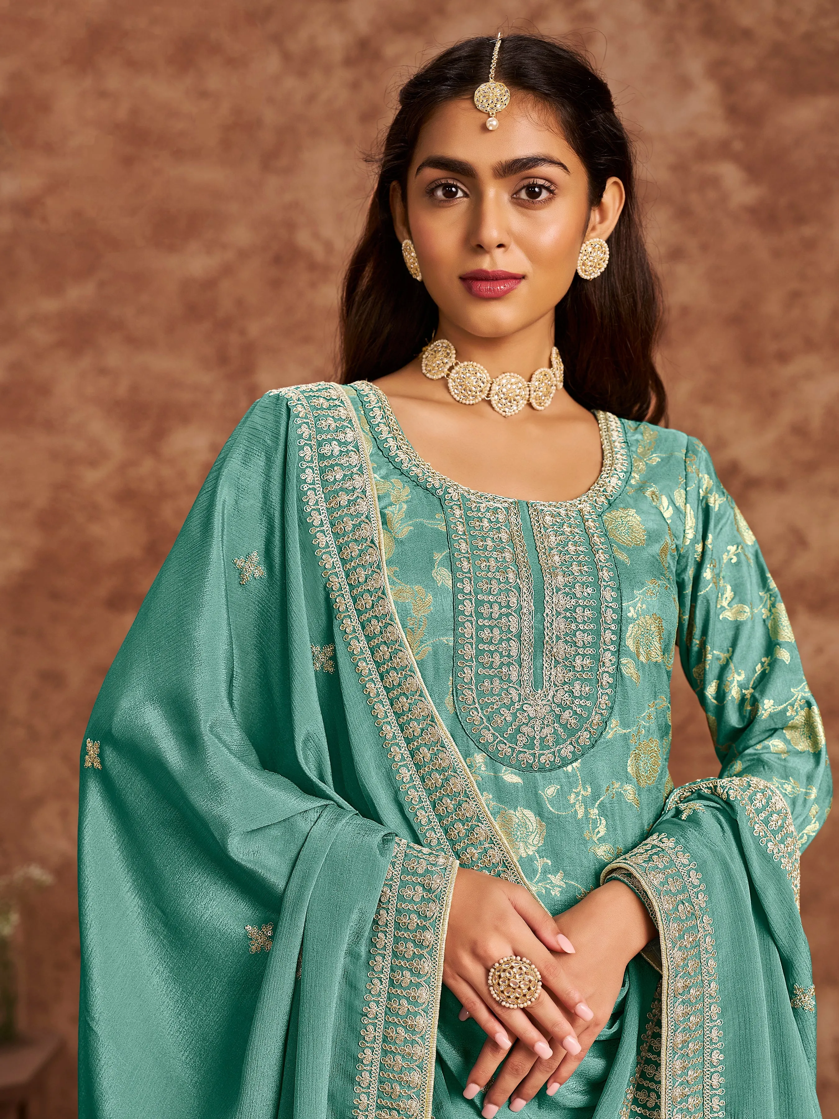 Mint Green Pure Party Wear Heavy Embroidered Work Salwar Suit