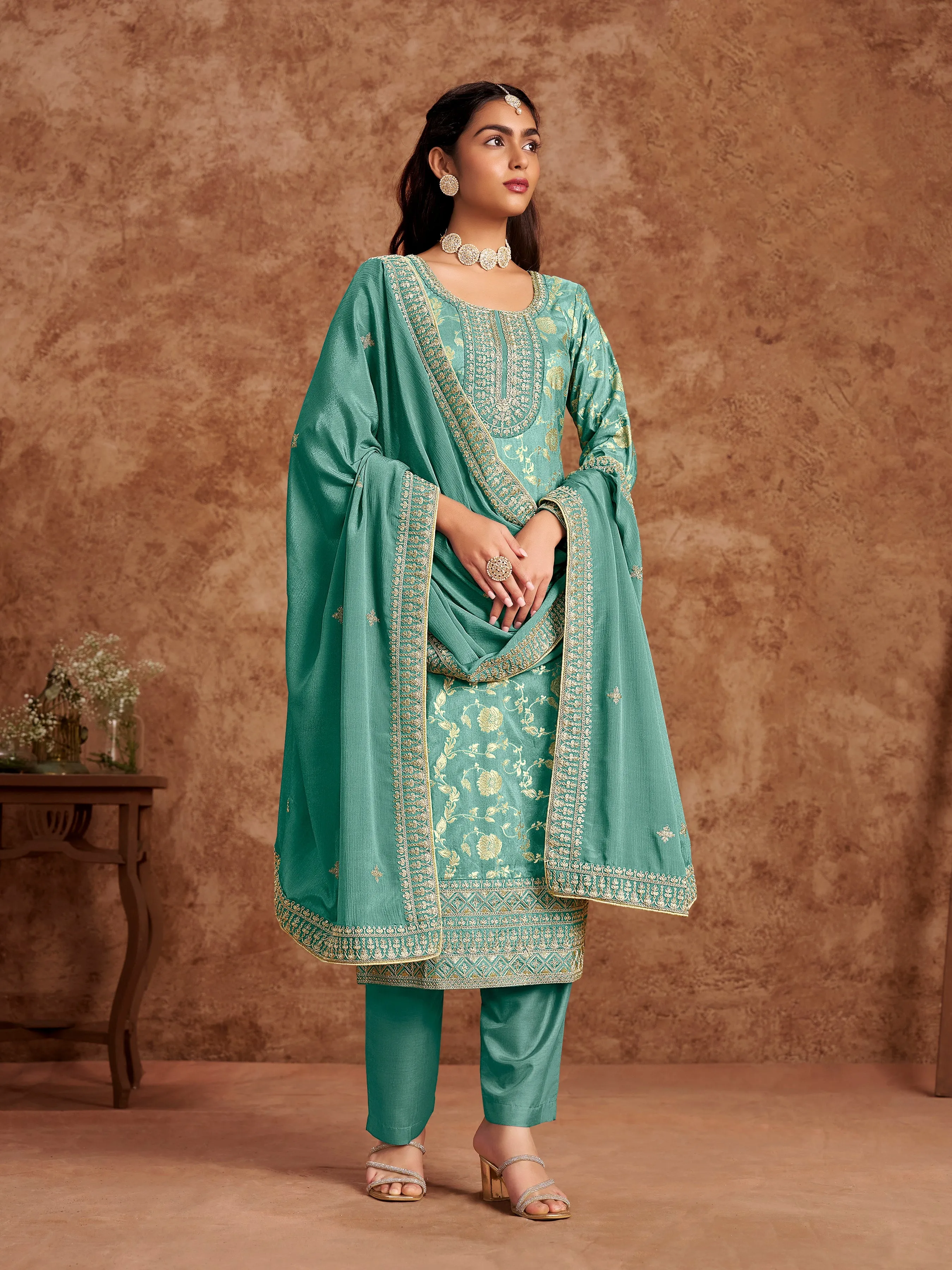 Mint Green Pure Party Wear Heavy Embroidered Work Salwar Suit