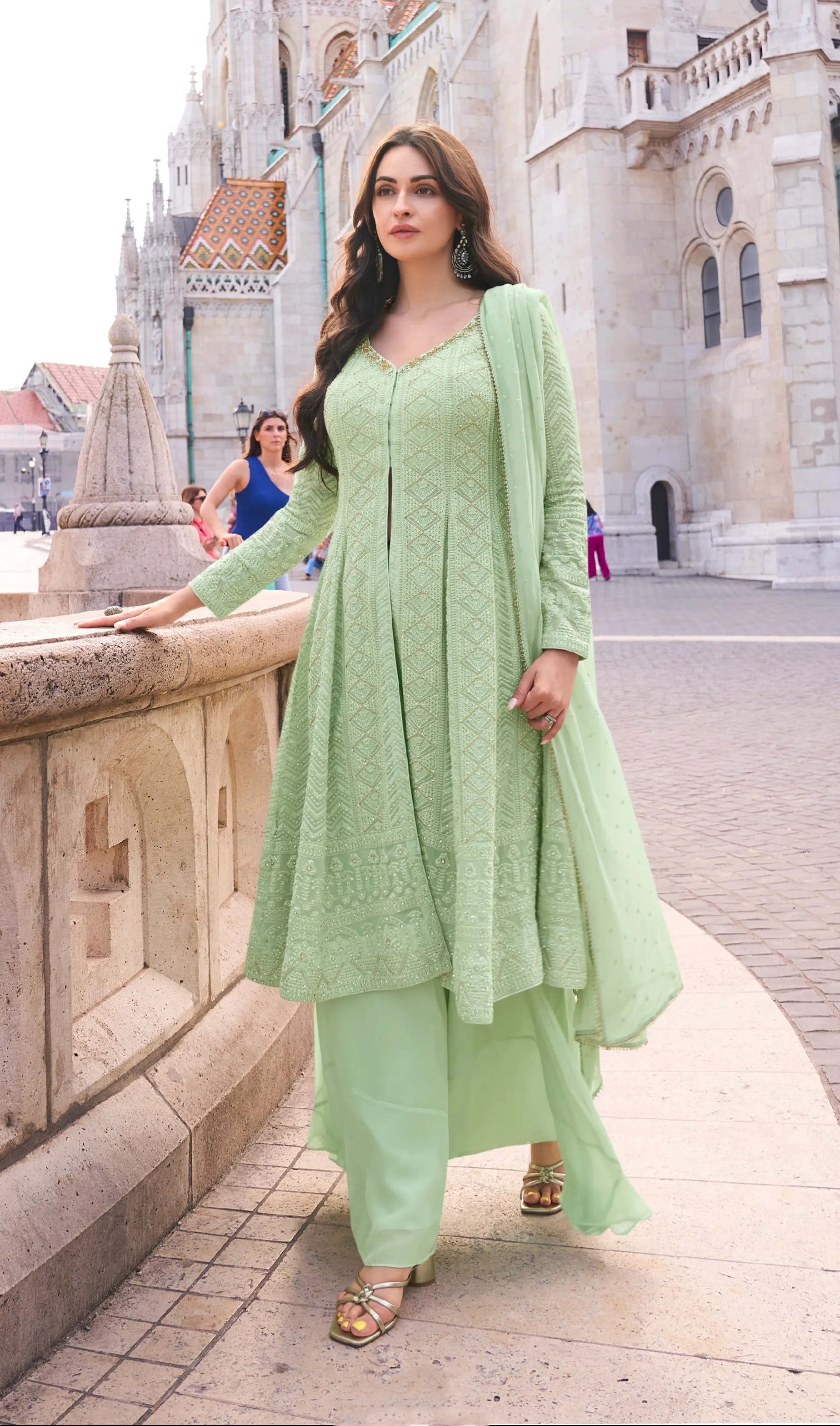 Mint Green Real Georgette Palazzo Suit with Embroidered Dupatta