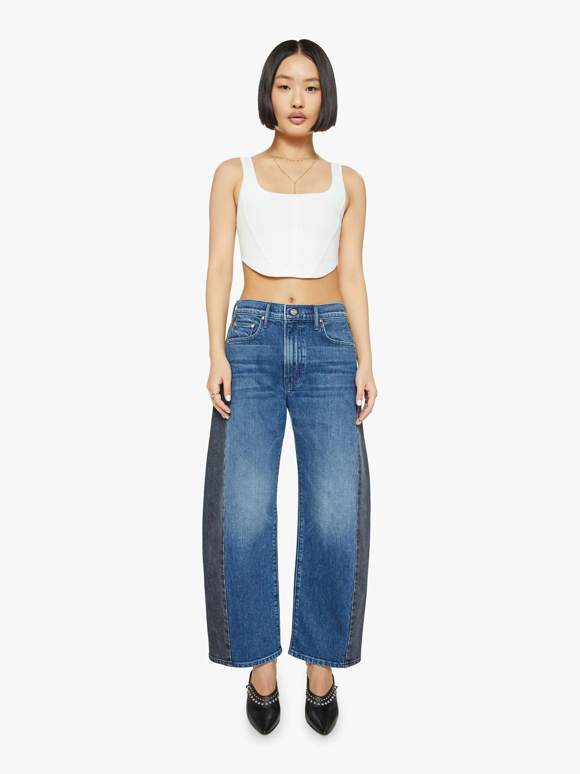 MOTHER DENIM LIL HALF PIPE FLOOD IN BLACK AND BLUE