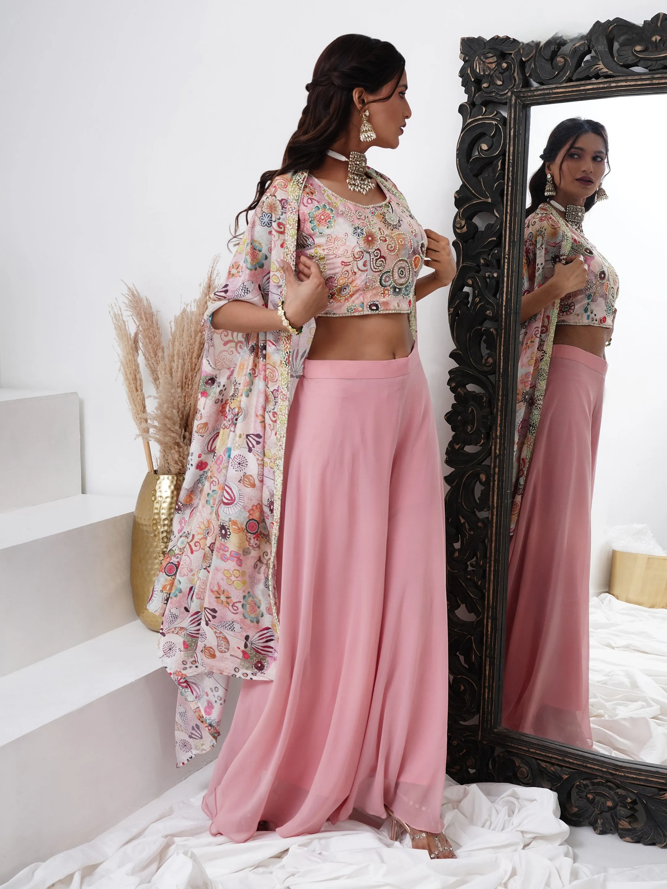 Pink Designer Readymade Palazzo Suit with Printed Dupatta