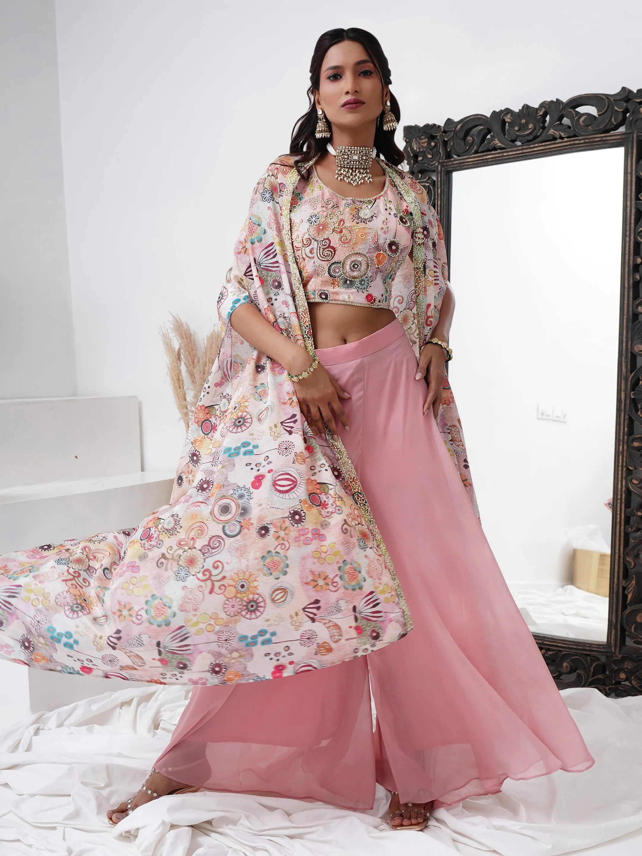 Pink Designer Readymade Palazzo Suit with Printed Dupatta