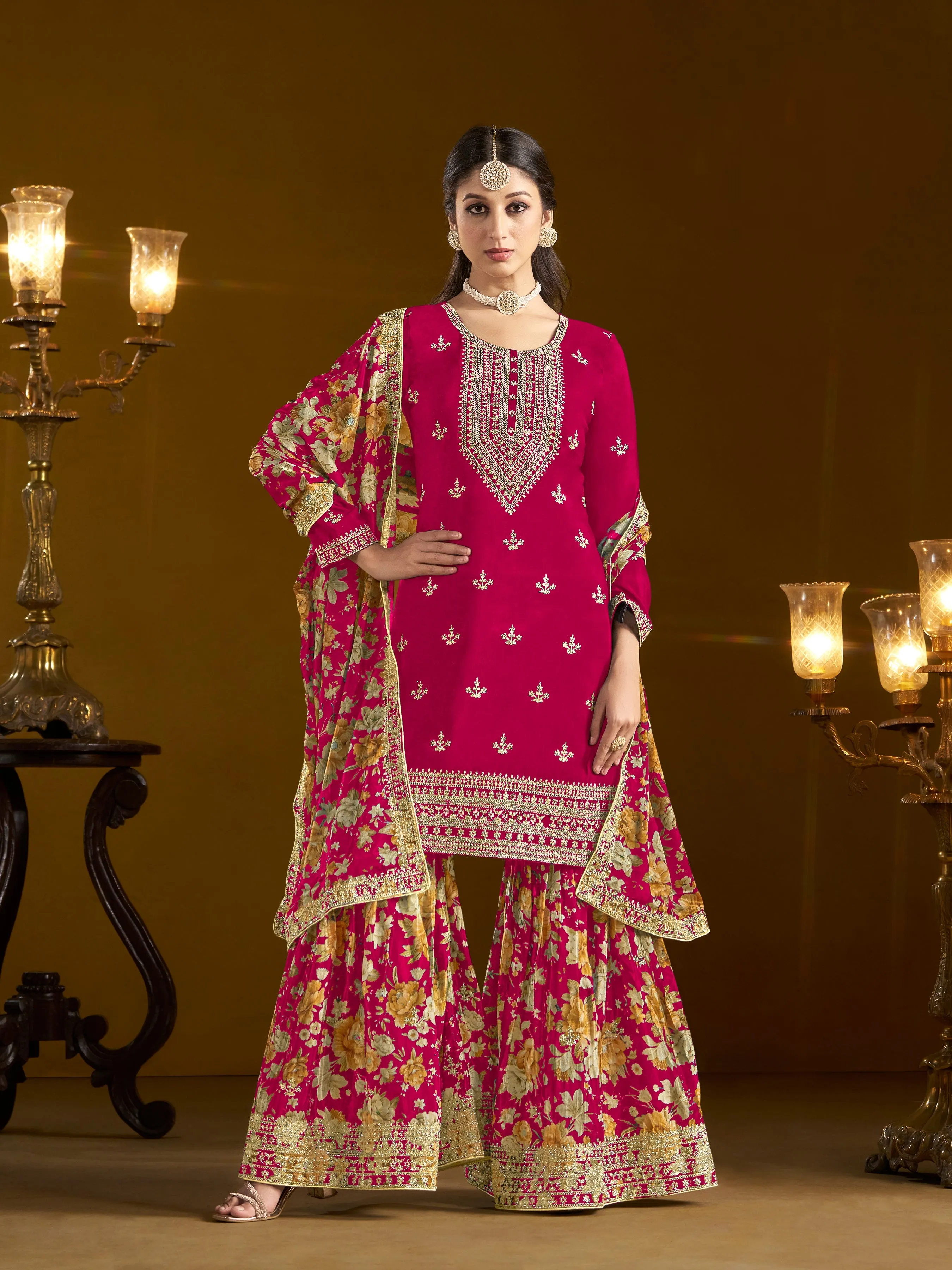 Red Pure Chinnon Silk Embroidered Palazzo Suit