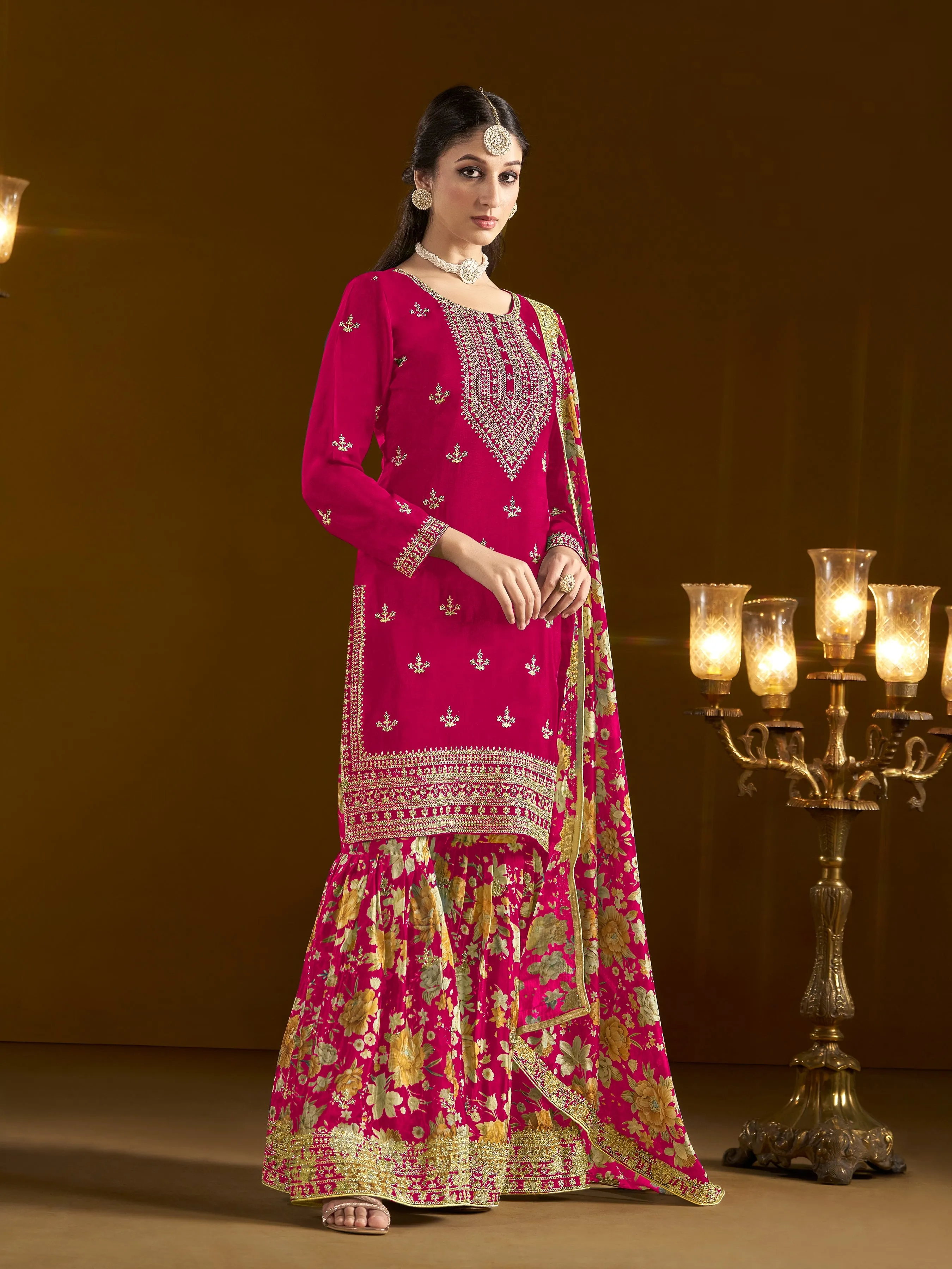 Red Pure Chinnon Silk Embroidered Palazzo Suit