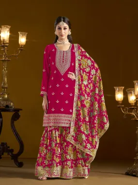 Red Pure Chinnon Silk Embroidered Palazzo Suit