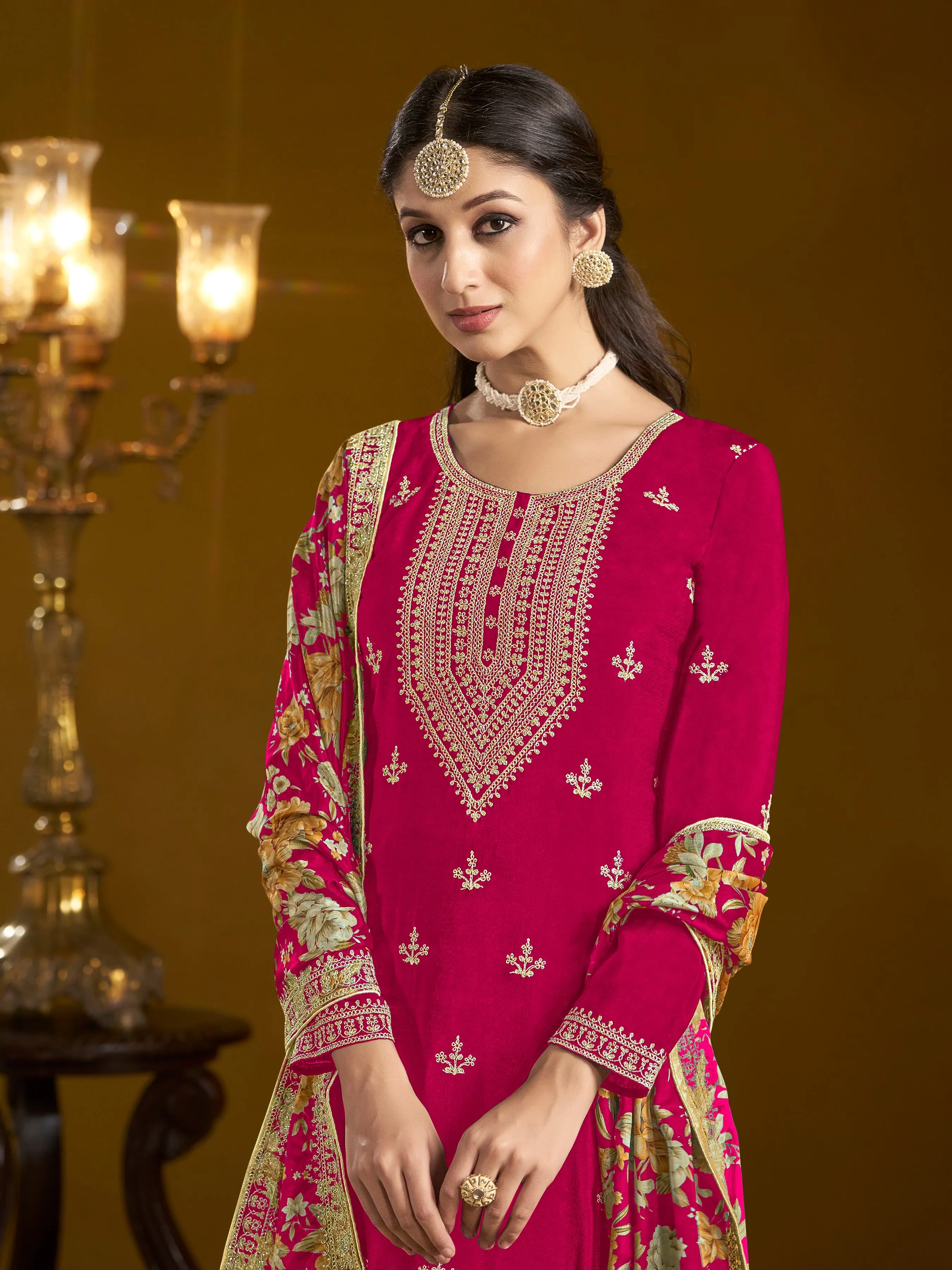 Red Pure Chinnon Silk Embroidered Palazzo Suit