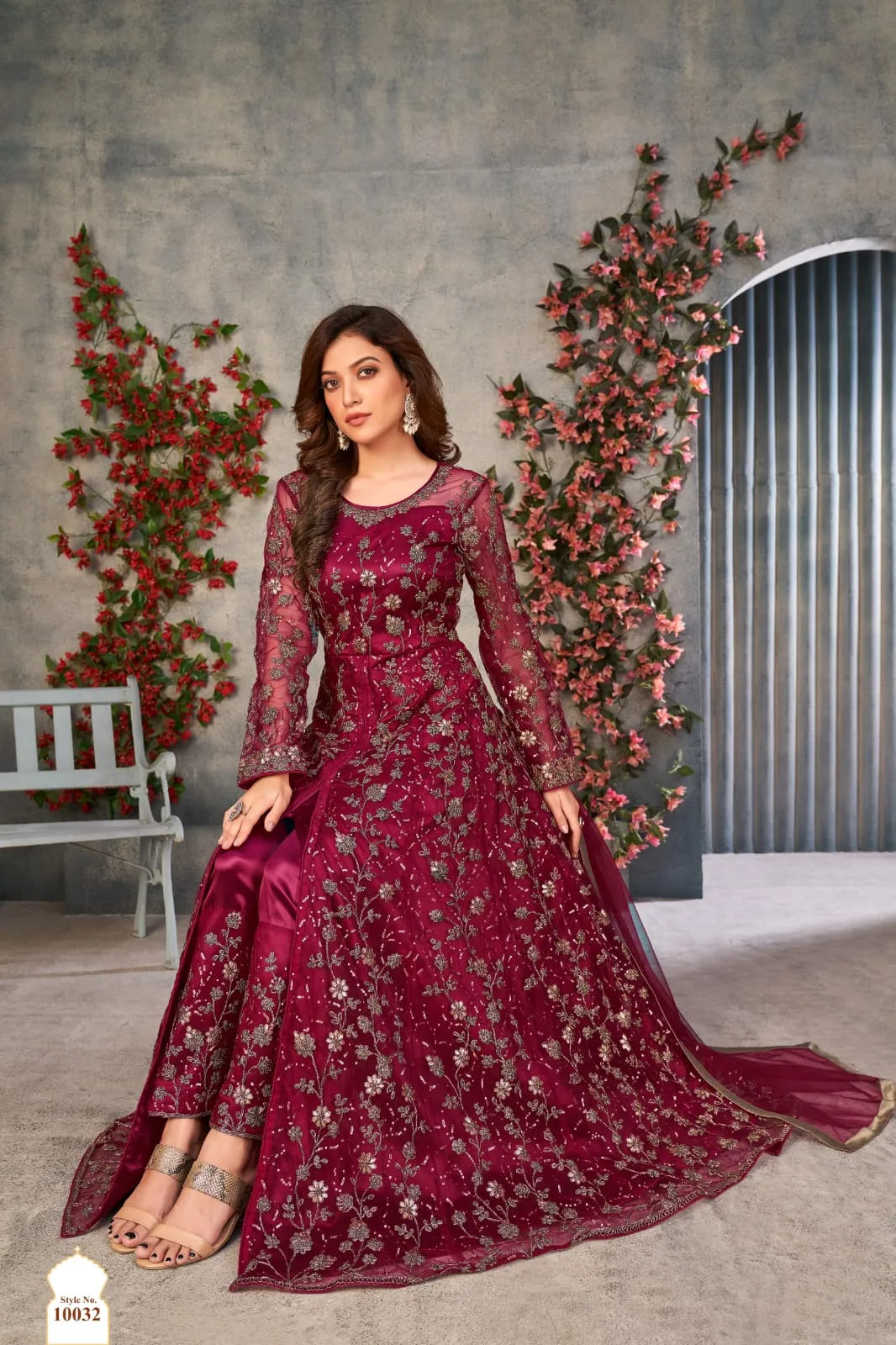 Red Soft Net Silk Heavy Embroidered Palazzo Suit