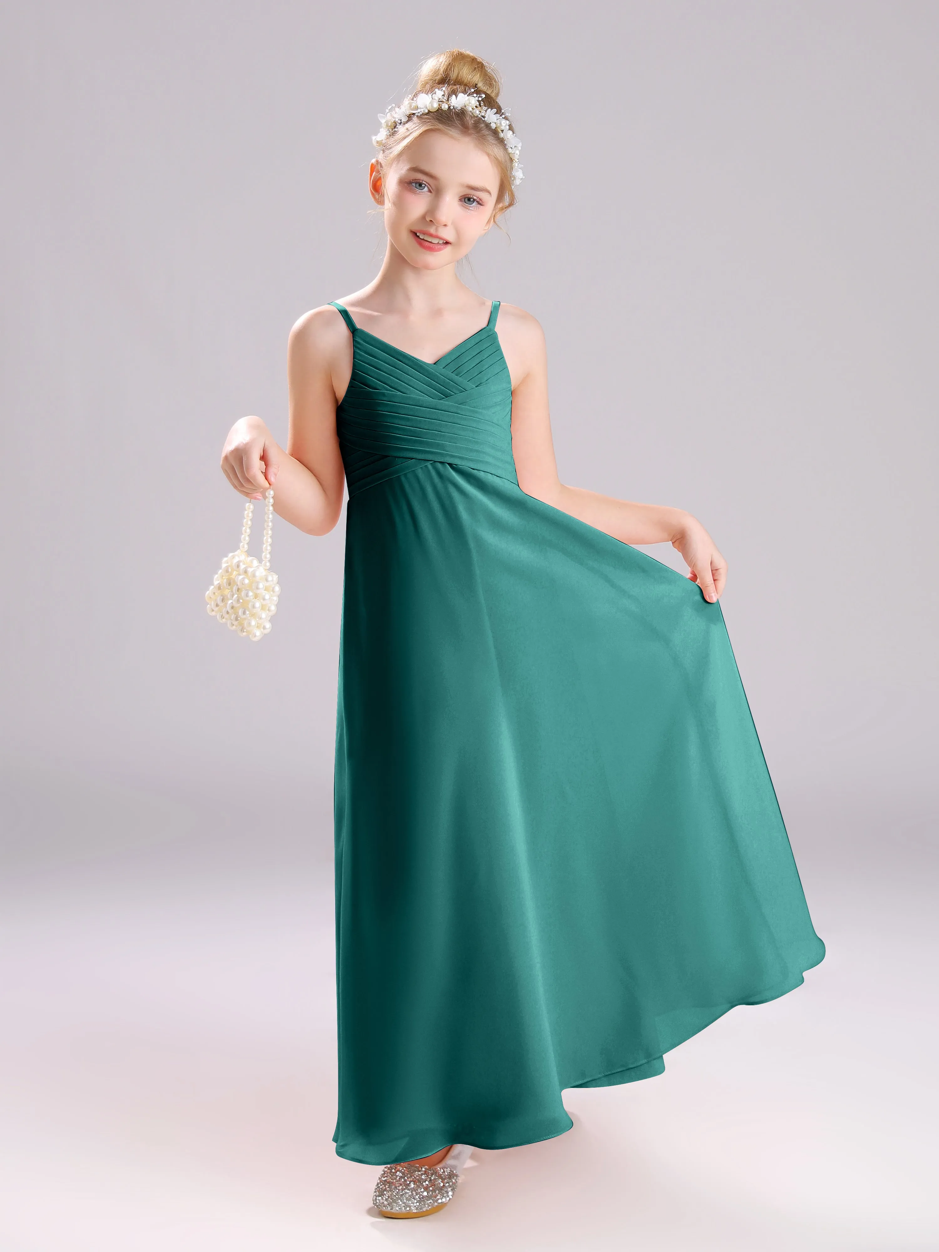 Spaghetti Straps V-Neck Pleats Long Chiffon Junior Bridesmaid Dresses
