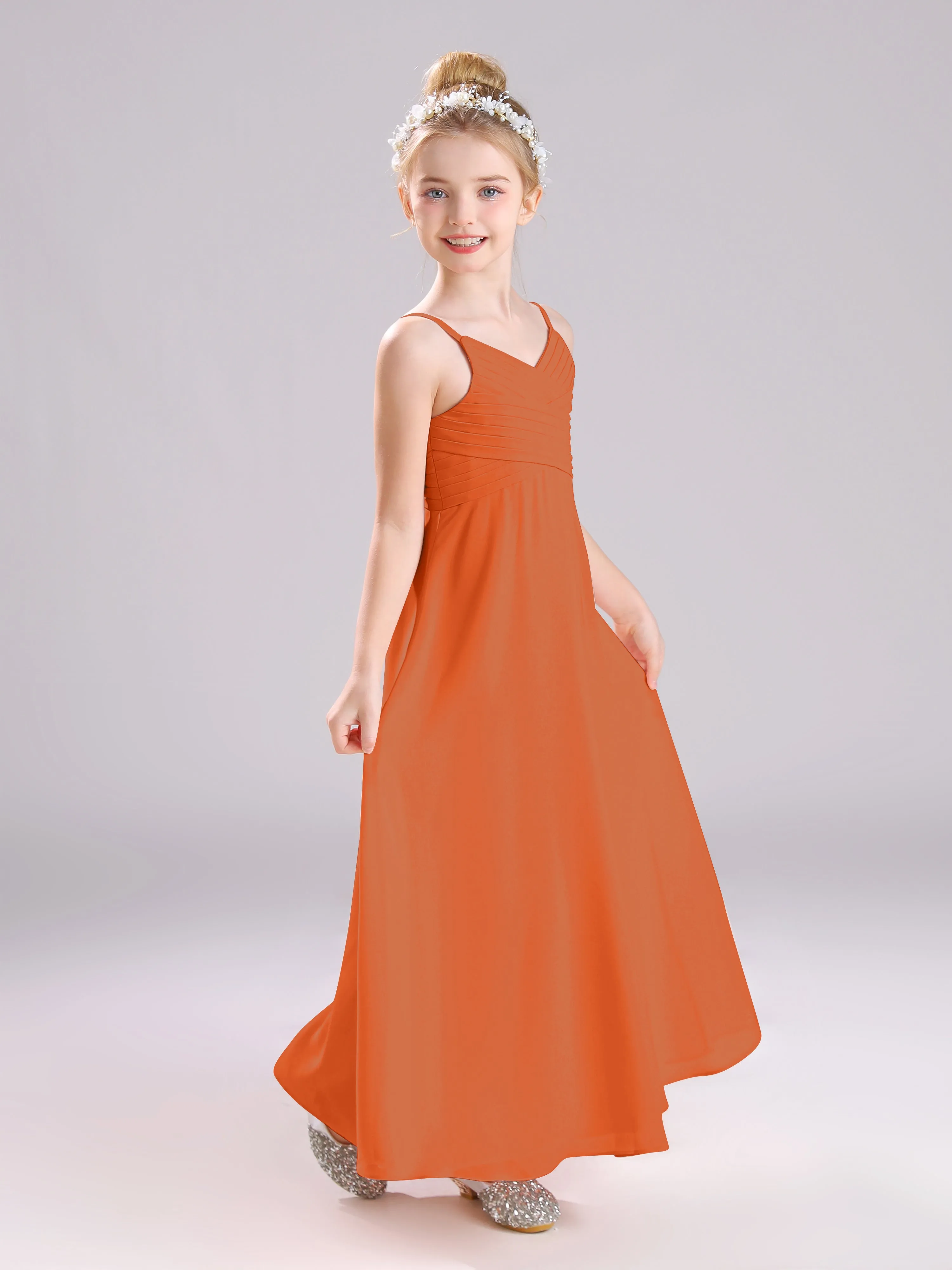 Spaghetti Straps V-Neck Pleats Long Chiffon Junior Bridesmaid Dresses