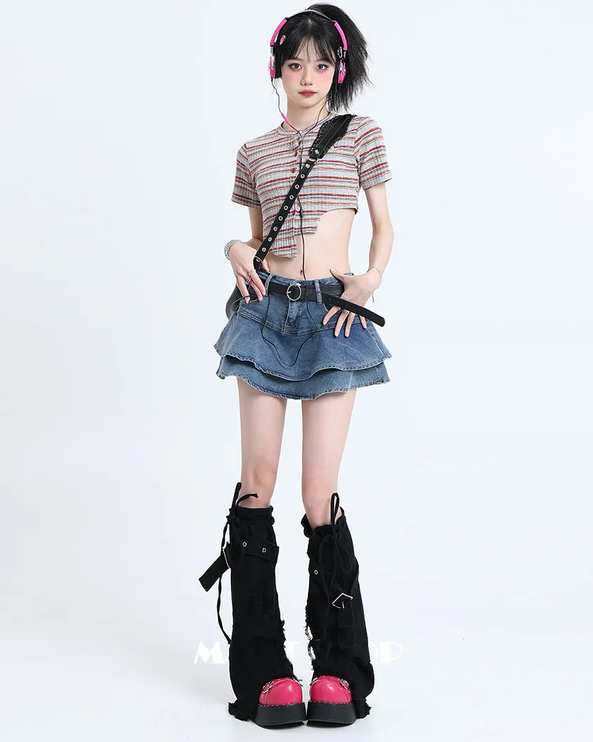 Summer High-waisted A-line Denim Skirt with Ruffled Hem