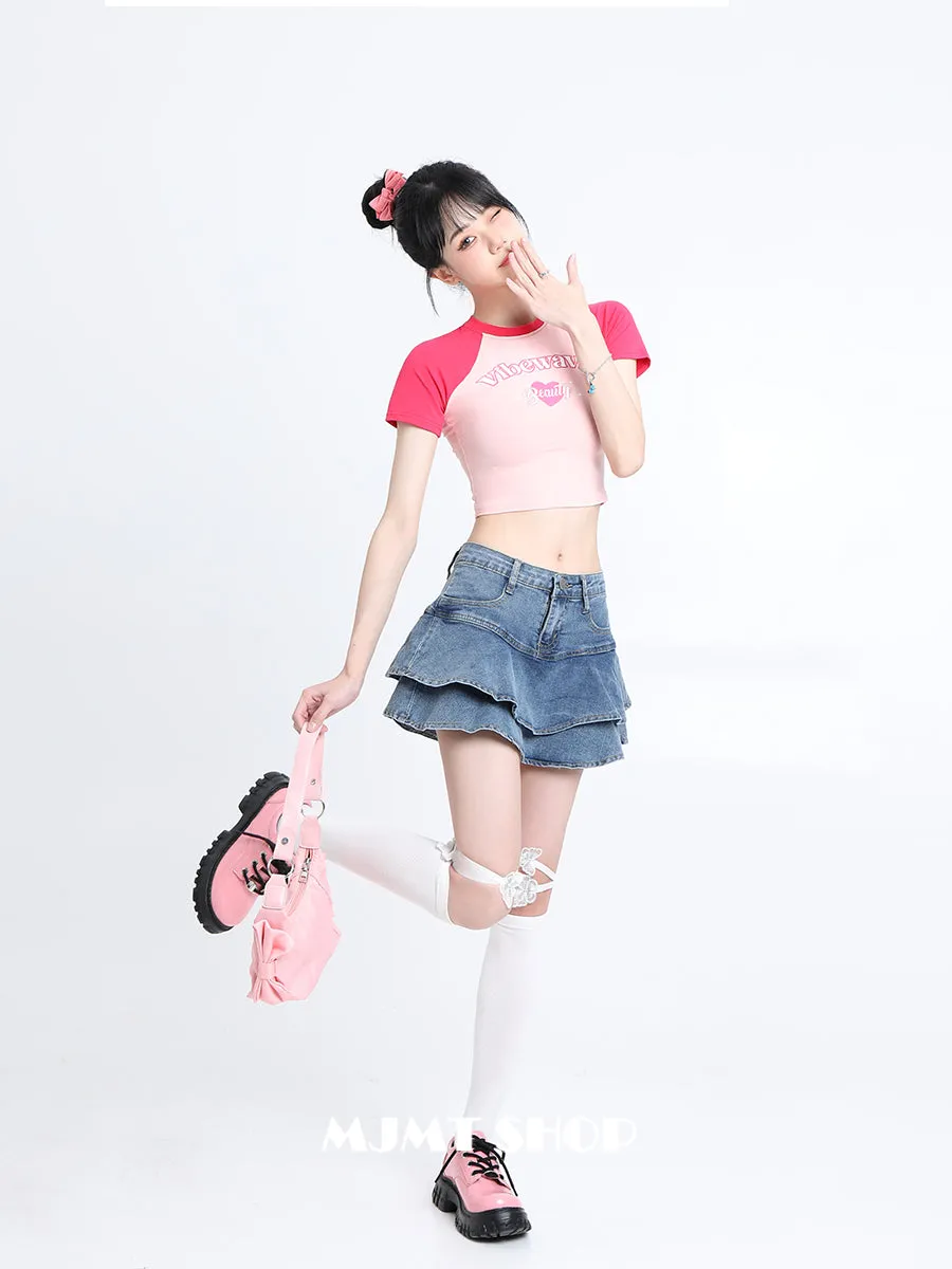Summer High-waisted A-line Denim Skirt with Ruffled Hem