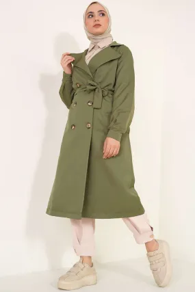 Three-Button Double-Breasted Trench Coat - Khaki