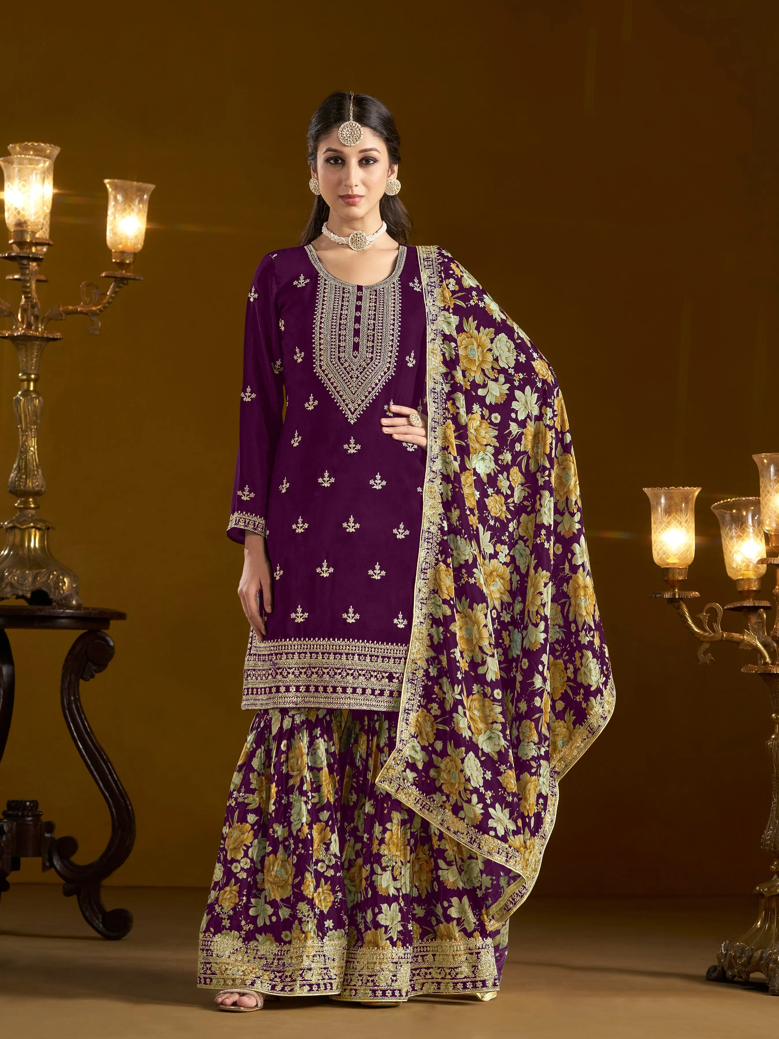 Wine Pure Chinnon Silk Embroidered Palazzo Suit
