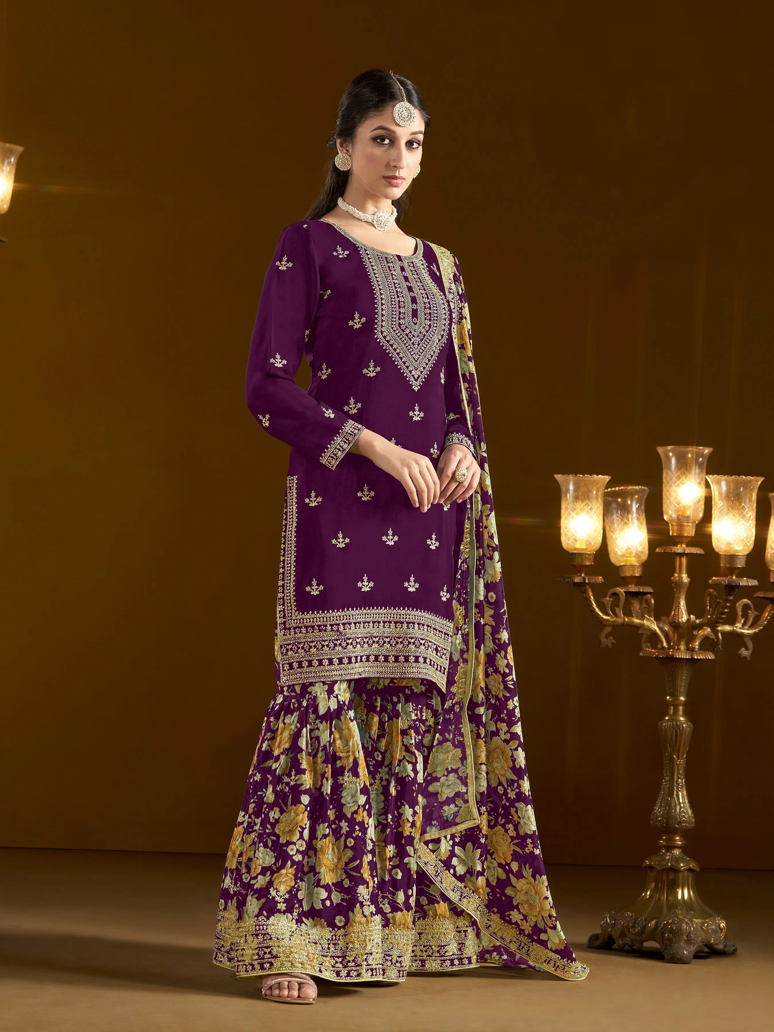 Wine Pure Chinnon Silk Embroidered Palazzo Suit