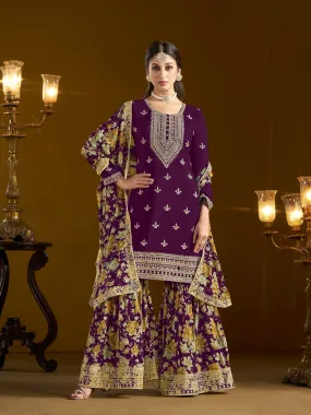 Wine Pure Chinnon Silk Embroidered Palazzo Suit