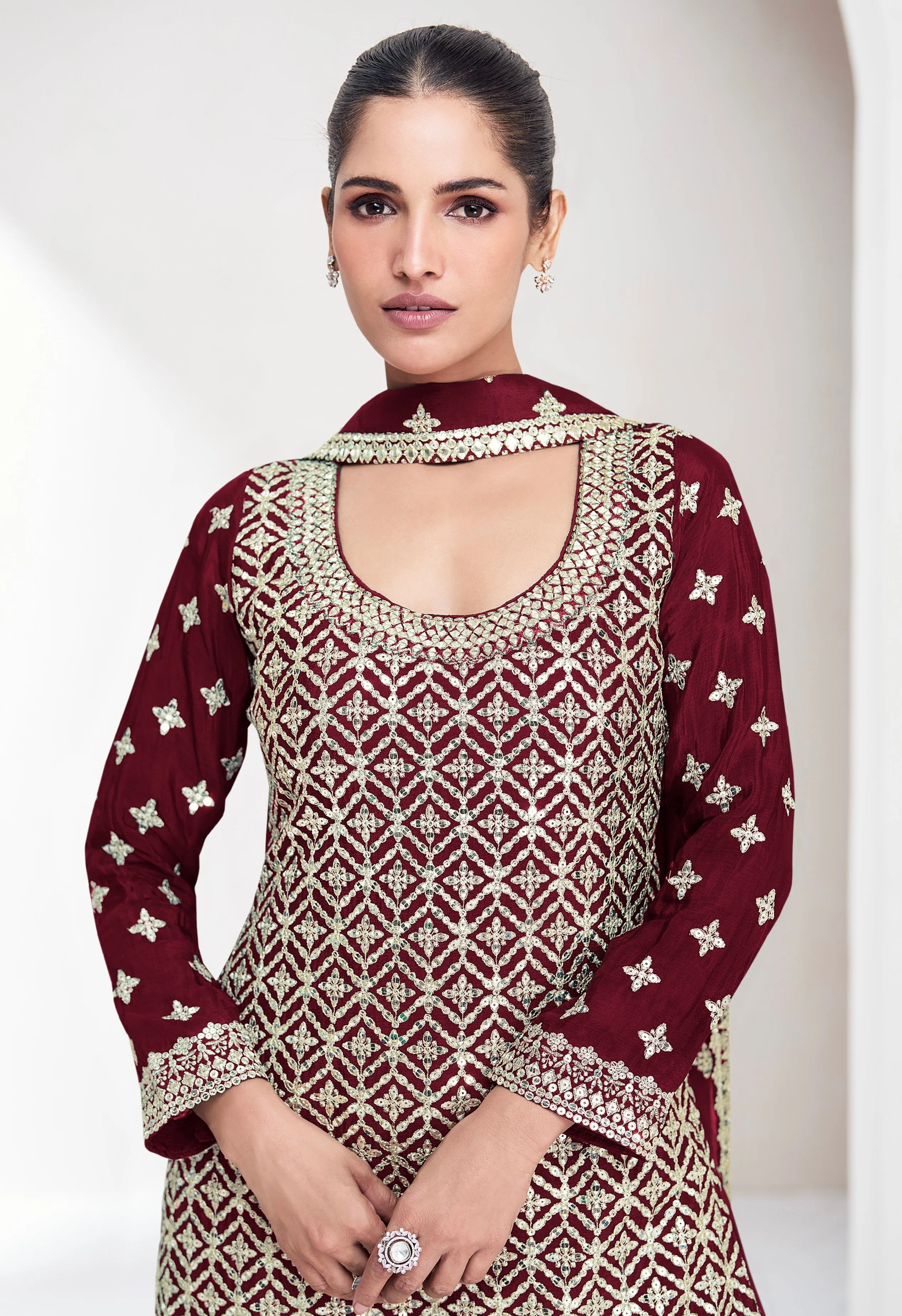 Wine Red Chinnon Silk Palazzo Suit with Embroidered Dupatta