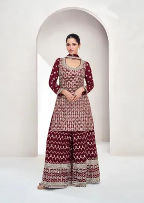 Wine Red Chinnon Silk Palazzo Suit with Embroidered Dupatta